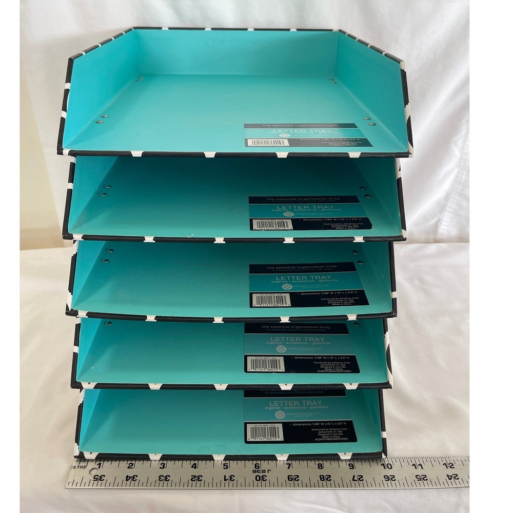 Macbeth Collection 5 Piece Stackable Letter Tray Set Black White Turquoise Blue